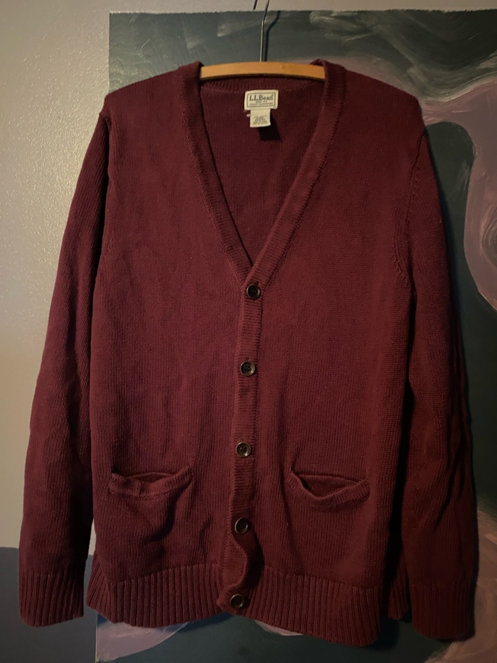 L.L. Bean Men's Deep Burgundy V-Neck Button Cardigan